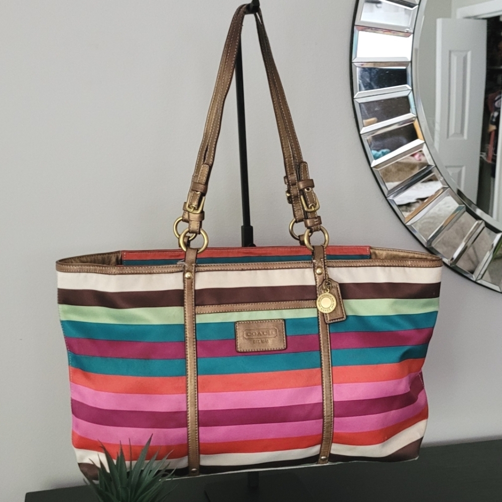 Coach Striped Satin Tote